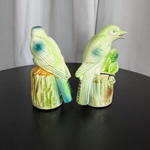 Vintage 50's Bird Salt and Pepper Shakers‎ Green Tree Stump Japan Ceramic Set